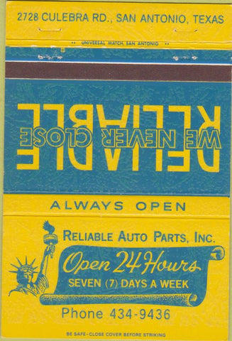 Matchbook Cover - Reliable Auto Parts San Antonio TX 40 Strike