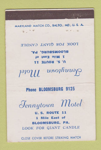 Matchbook Cover - Tennytown Motel Bloomsburg PA 40 Strike