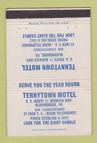 Matchbook Cover - Tennytown Motel Bloomsburg PA 40 Strike