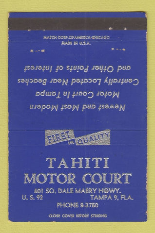 Matchbook Cover - Tahiti Motor Court Tampa FL BLUE WEAR 40 Strike