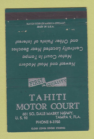 Matchbook Cover - Tahiti Motor Court Tampa FL GREEN 40 Strike