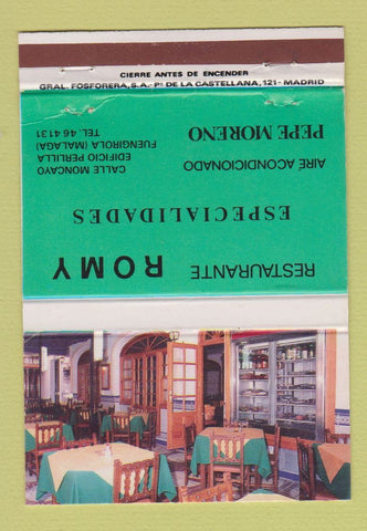 Matchbook Cover - Restaurante Romy Fuengirola Malaga Spain 40 Strike