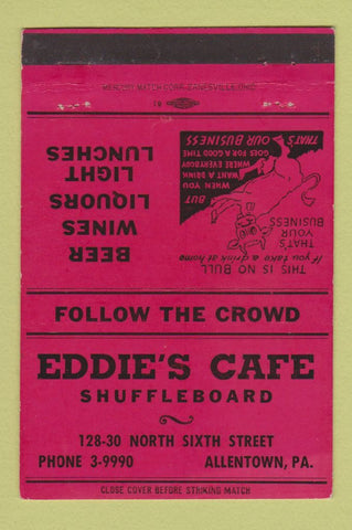 Matchbook Cover - Eddie's Cafe Shuffleboard Allentown PA 40 Strike