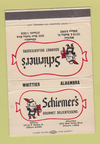 Matchbook Cover - Schirmer's Restaurant Whittier Alhambra CA 40 Strike