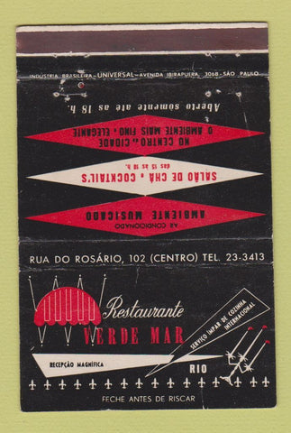 Matchbook Cover - Restaurant Verde Mar Rio De Janeiro Brazil WEAR 40 Strike