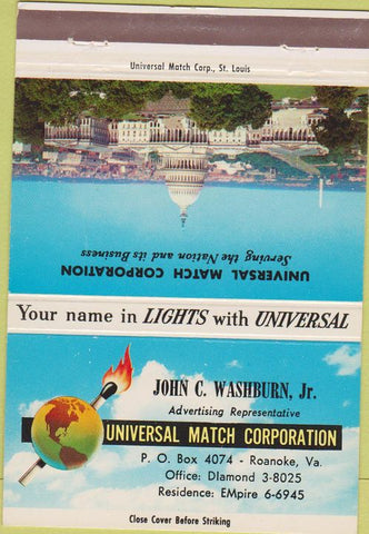 Matchbook Cover - US Capitol Universal Match Roanoke VA Washburn 40 Strike