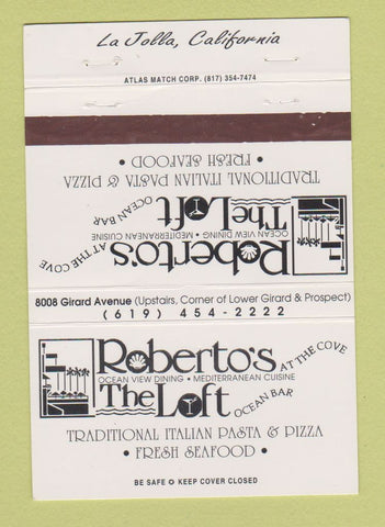Matchbook Cover - Roberto's Italian Restaurant La Jolla CA Pizza 40 Strike