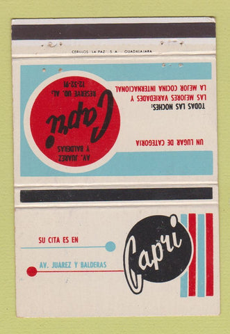 Matchbook Cover - Capri Restaurant Guadalajara Mexico 40 Strike