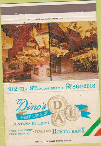 Matchbook Cover - Dino's Restaurant Italian food Miami? FL 40 Strike