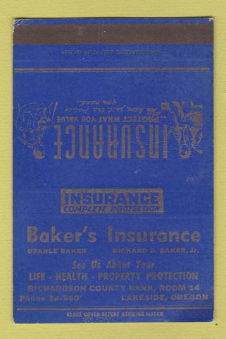 Matchbook Cover - Baker's Insurance Lakeside OR SAMPLE WORN 40 Strike