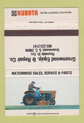 Matchbook Cover - Kubota Tractors Greenwood SC 40 Strike
