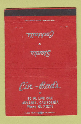 Matchbook Cover - Cin Bad's Arcadia CA CREASED 40 Strike