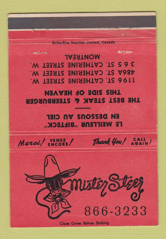 Matchbook Cover - Mister Steer Restaurant Montreal QC 40 Strike