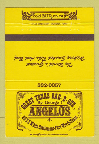 Matchbook Cover - Angelo's BBQ Fort Worth TX Budweiser Beer 40 Strike