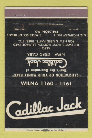 Matchbook Cover - Cadillac Jack Cars Fallston MD 40 Strike