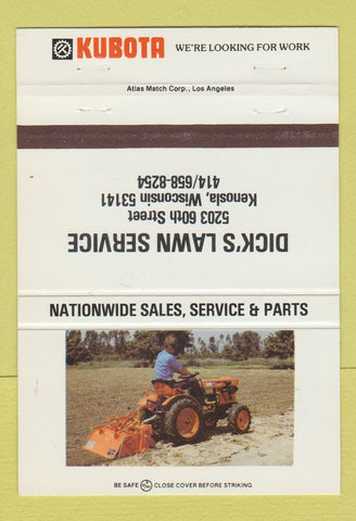 Matchbook Cover - Kubota Tractors Lawn Mowers Kenosla WI 40 Strike