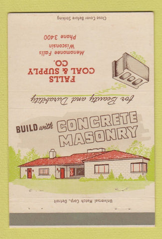 Matchbook Cover Falls Coal Supply Concrete Masonry Menomonee Falls WI 40 Strike