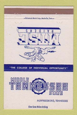 Matchbook Cover Middle Tennessee State College Murfreesboro TN Raiders 40 Strike