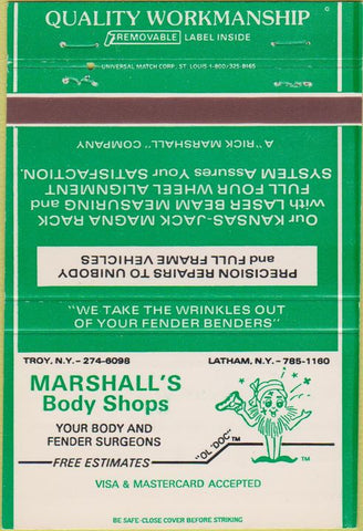 Matchbook Cover - Marshall's Body Shop Latham NY 40 Strike