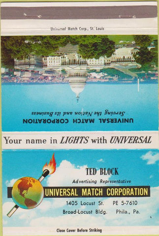Matchbook Cover - US Capitol Universal Match Philadelphia PA Block 40 Strike