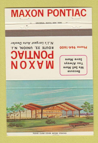 Matchbook Cover - Maxon Pontiac Union NJ WEAR 40 Strike
