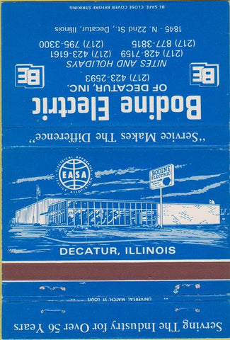 Matchbook Cover - Bodine Electric Decatur IL 40 Strike