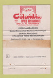 Matchbook Cover - Colombia Tipico Restaurante Granada Spain WEAR 40 Strike