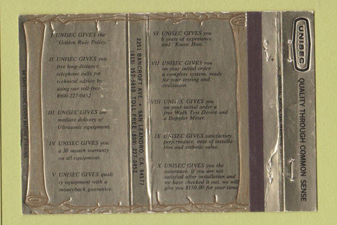 Matchbook Cover - Unisec San Leandro CA 40 Strike
