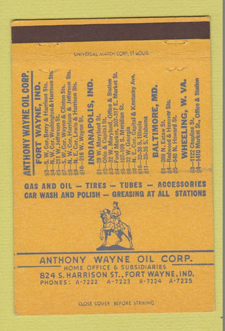 Matchbook Cover - Anthony Wayne Oil Fort Wayne IN Indianapolis  40 Strike