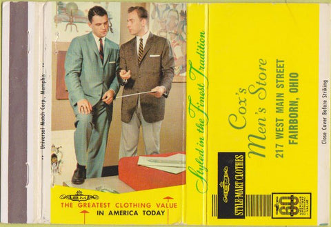 Matchbook Cover - Cox's Men's Store Fairborn OH suits 40 Strike