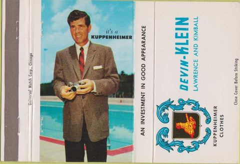 Matchbook Cover - Kuppenheimer Clothes suits Devin Klein 40 Strike