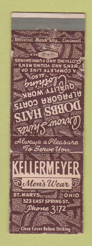 Matchbook Cover - Kellermeyr Men's Clothes St Marys OH Arrow Shirts WEAR