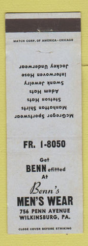 Matchbook Cover - Benn's Men's Clothes Wilkinsburg PA