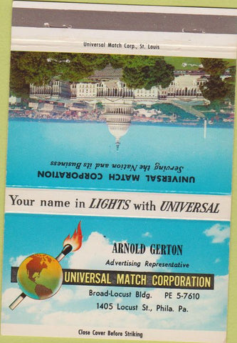 Matchbook Cover - US Capitol Universal Match Philadelphia PA Gerton 40 Strike