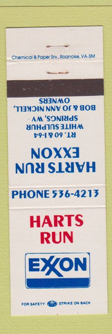 Matchbook Cover - Exxon oil gas Harts Run White Sulphur Springs WV