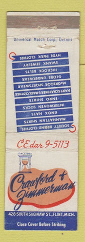 Matchbook Cover - Cawford Zimmerman Men's Clothes Flint MI