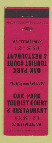 Matchbook Cover - Oak Park Tourist Court Restaurant Gainesville VA