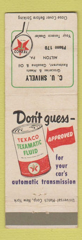 Matchbook Cover - Texaco oil gas CU Shively Milton PA