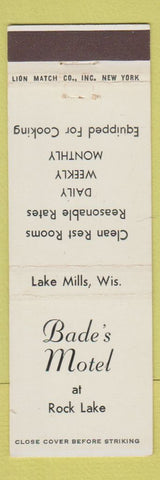 Matchbook Cover - Bade's Motel Rock Lake Lake Mills WI