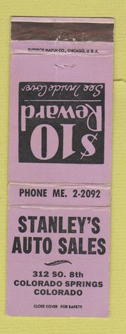 Matchbook Cover - Stanley's Auto Sales Colorado Springs WEAR