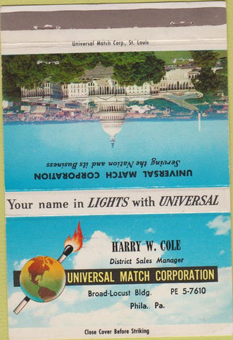 Matchbook Cover - US Capitol Universal Match Philadelphia Coal 40 Strike