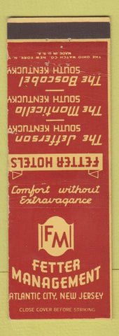 Matchbook Cover - Fetter Hotels Atlantic City NJ MISCUT