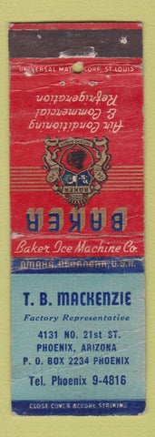 Matchbook Cover - Baker Ice Machine TB Mackenzie Phoenix AZ POOR
