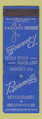 Matchbook Cover - Bennetts Restaurants Denver Colorado