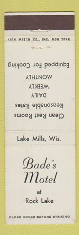 Matchbook Cover - Bade's Motel Rock Lake Mills WI