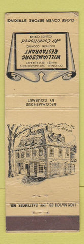 Matchbook Cover - Williamsburg Restaurant VA WORN