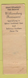 Matchbook Cover - Williamsburg Restaurant VA WORN