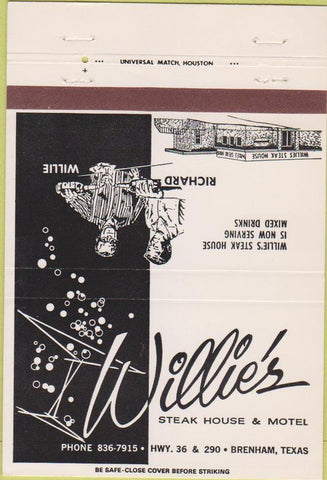 Matchbook Cover - Willie's Steak House Motel Brenham TX 40 Strike