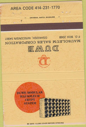 Matchbook Cover - Duwe Mausoleum Sales Oshkosh WI 40 Strike