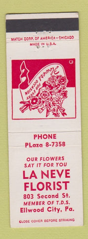 Matchbook Cover - La Neve Florist Flowers Ellwood City PA